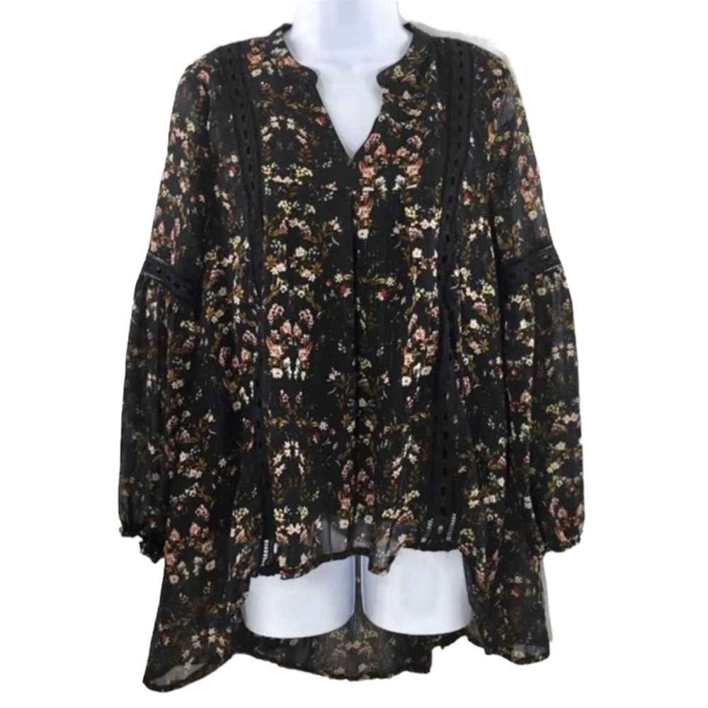 Blu Pepper Black Floral & Lace Boho High Low Hem Long Sleeve Tunic Small